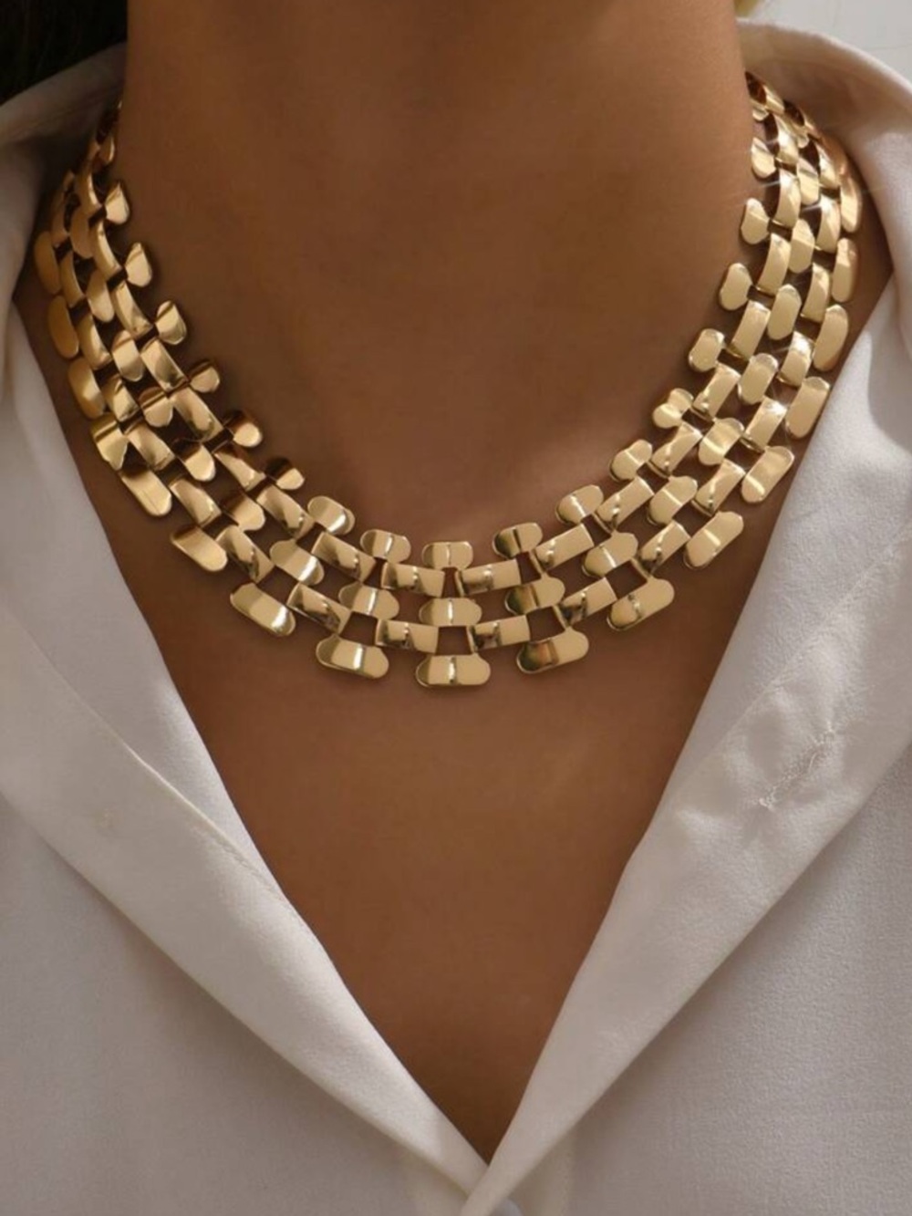 Gold Multi-Row Sculpted Link Necklace - Picture 3 of 3